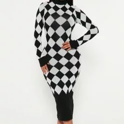 Fashion Nova Check On Me Sweater Dress - Black/White