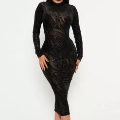 Fashion Nova Wild Instincts Mesh Midi Dress - Black/combo