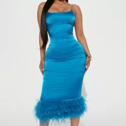 Fashion Nova Party Night Feather Midi Dress - Teal