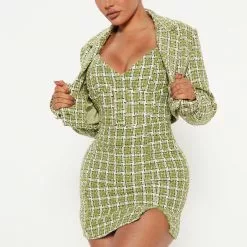 Fashion Nova Christine Tweed Mini Dress Set - Green/combo