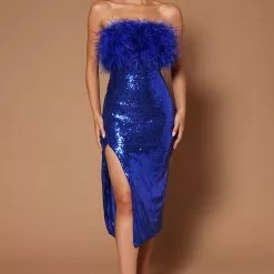 Fashion Nova Justine Sequin Feather Midi Dress - Royal