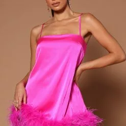 Fashion Nova Lilah Doll Feather Trim Square Neck Mini Dress - Pink