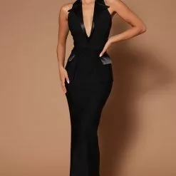 Fashion Nova Ericka Deep V Collared Maxi Dress - Black