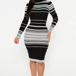 Fashion Nova Just In Time Striped Midi Dress - Grey/combo