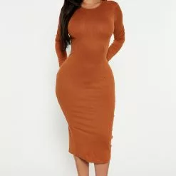 Fashion Nova Monika Ribbed Midi Dress - Cognac