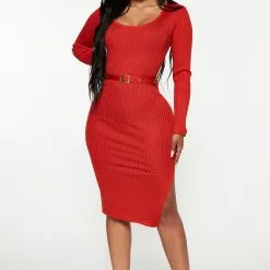 Fashion Nova Loop Me In Belted Sweater Dress - Rust