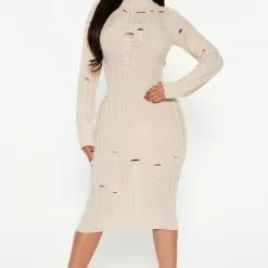 Fashion Nova Feelin' Edgy Distressed Sweater Dress - Cream