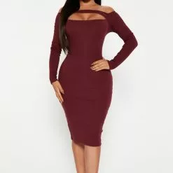 Fashion Nova Mariella Ribbed Midi Dress - Wine