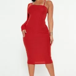 Fashion Nova Reena Ribbed Midi Dress - Brick Red