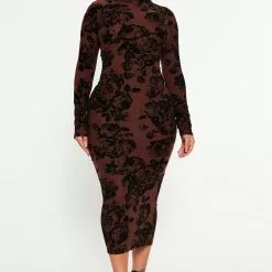 Fashion Nova Fall Forward Midi Dress - Brown/combo