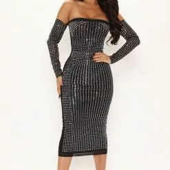 Fashion Nova Working On It Off Shoulder Midi Dress - Black