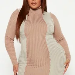 Fashion Nova Not The Type Sweater Midi Dress - Taupe/combo -Fashion Nova Dresses Shop 09 15 22Studio4 DM IM 16 00 46 65 3460 TaupeCombo 16089 PLUS KS