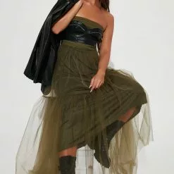 Fashion Nova Rocker Chic Tulle Maxi Dress - Olive/combo