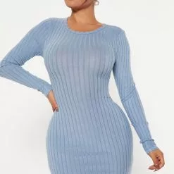 Fashion Nova Rita Ribbed Mini Dress - Light Blue