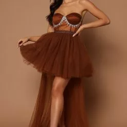 Fashion Nova Kate Embellished High Low Tulle Dress - Chocolate