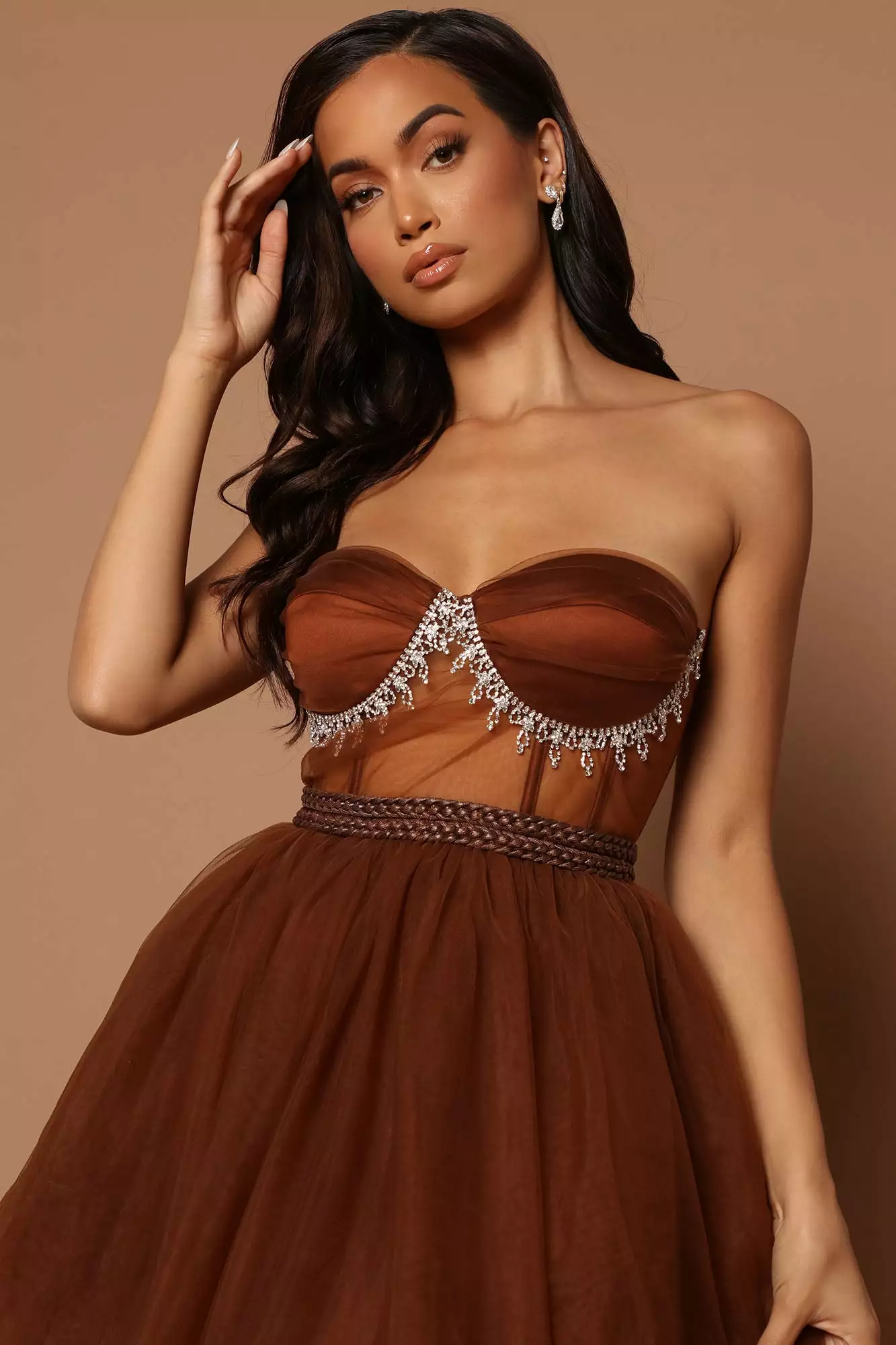Fashion Nova Kate Embellished High Low Tulle Dress - Chocolate 4 Fashion Nova Kate Embellished High Low Tulle Dress - Chocolate - Image 2