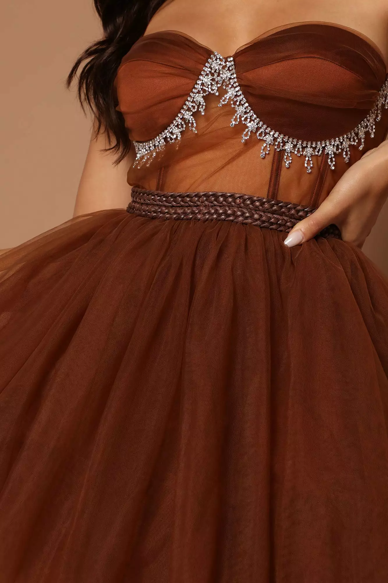 Fashion Nova Kate Embellished High Low Tulle Dress - Chocolate 5 Fashion Nova Kate Embellished High Low Tulle Dress - Chocolate - Image 3