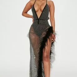 Fashion Nova Elysa Embellished Fishnet Maxi Dress - Black
