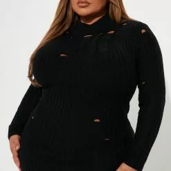 Fashion Nova Feelin' Edgy Distressed Sweater Dress - Black -Fashion Nova Dresses Shop 09 26 22Studio1 KJ DJ 11 51 13 15 SD179 Black 3336 PLUS PB