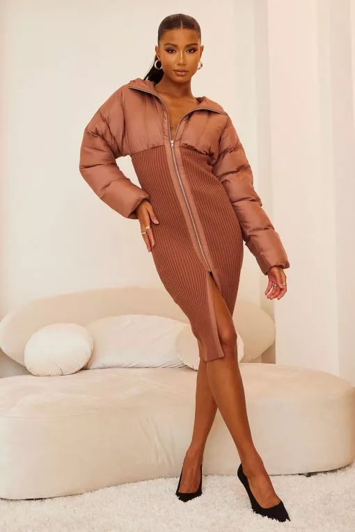 Fashion Nova Kim Puffer Midi Dress - Mocha -Fashion Nova Dresses Shop 09 27 22FallLayers CE 10 12 21 LOOK 11 29826 EH WG MH