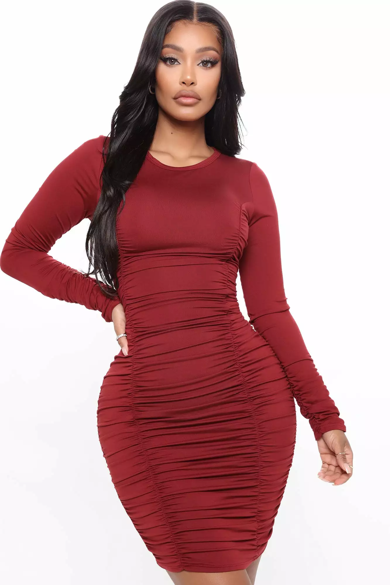 Fashion Nova Take Your Man Ruched Dress - Burgundy 4 Fashion Nova Take Your Man Ruched Dress - Burgundy - Image 2