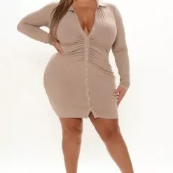 Fashion Nova Nicole Ribbed Shirt Dress - Taupe -Fashion Nova Dresses Shop 09 28 21Studio3 RT KG 10 54 23 16 HF22A607 Taupe 1158 PLUS EH