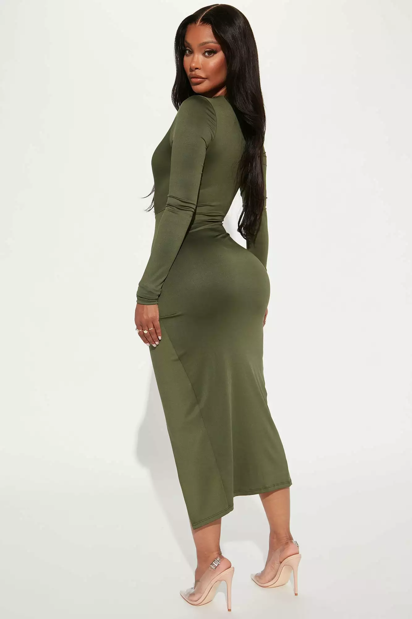 Fashion Nova Eyes On Me Ruched Midi Dress - Olive 5 Fashion Nova Eyes On Me Ruched Midi Dress - Olive - Image 3