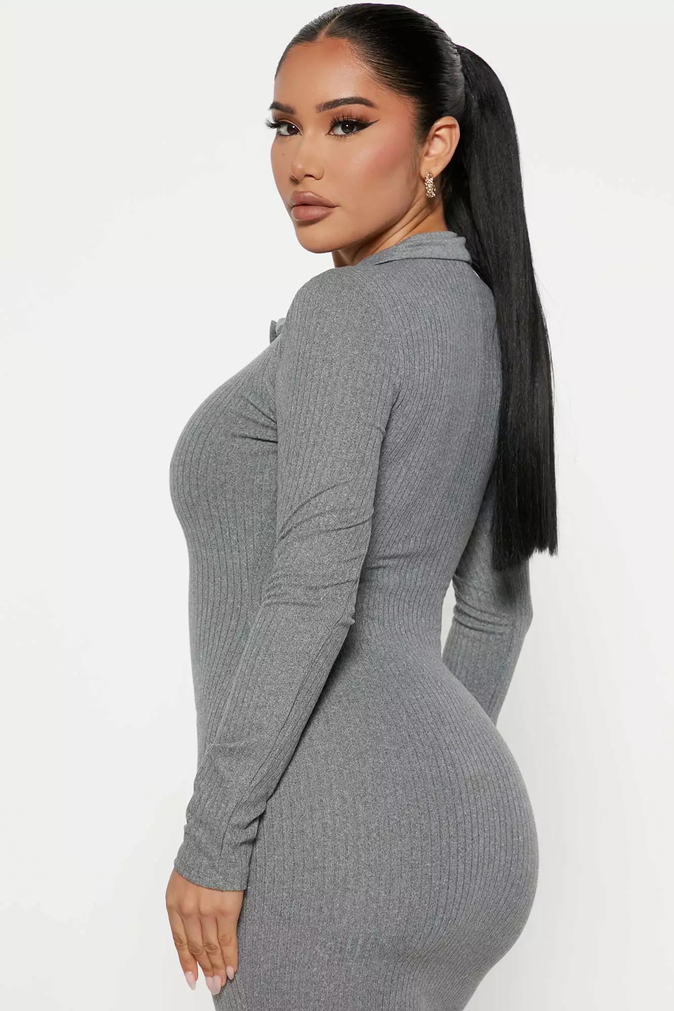 Fashion Nova Catrina Collared Midi Dress - Heather Grey 5 Fashion Nova Catrina Collared Midi Dress - Heather Grey - Image 3