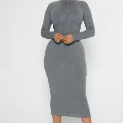 Fashion Nova Amika Ribbed Midi Dress - Charcoal