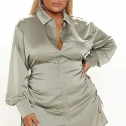 Fashion Nova Satin Sultry Shirt Dress - Olive 15 Fashion Nova Satin Sultry Shirt Dress - Olive -Fashion Nova Dresses Shop 09 29 21Studio3 ME RL 11 10 35 32 HF21F106 Olive 0055 PLUS EH