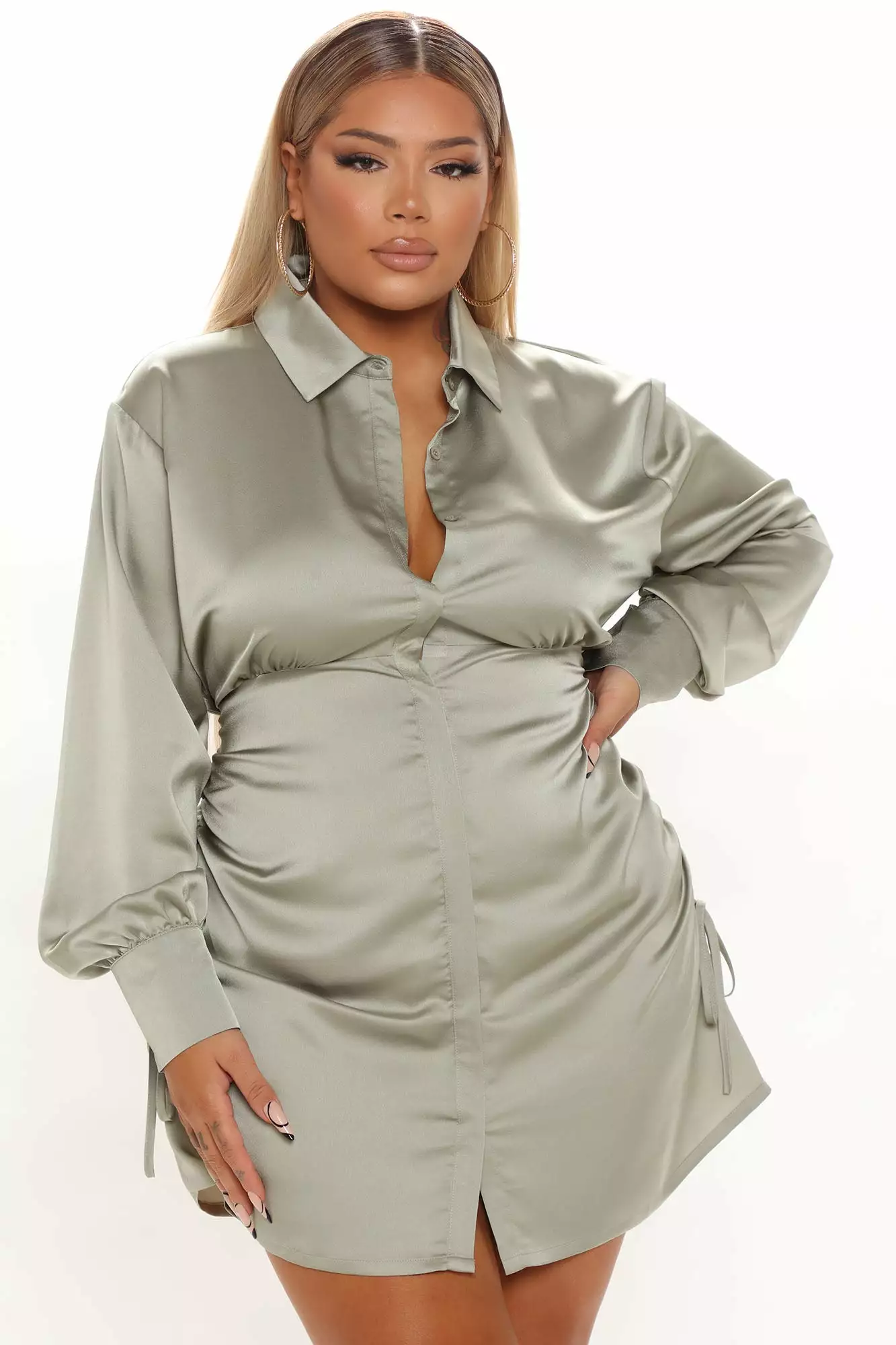 Fashion Nova Satin Sultry Shirt Dress - Olive 7 Fashion Nova Satin Sultry Shirt Dress - Olive - Image 5
