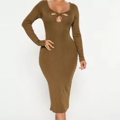 Fashion Nova Julie Ribbed Midi Dress - Olive