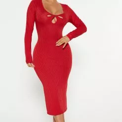 Fashion Nova Julie Ribbed Midi Dress - Red