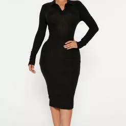 Fashion Nova Catrina Collared Midi Dress - Black