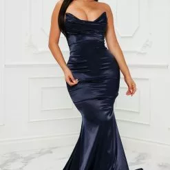 Fashion Nova Naomi Satin Maxi Gown - Navy