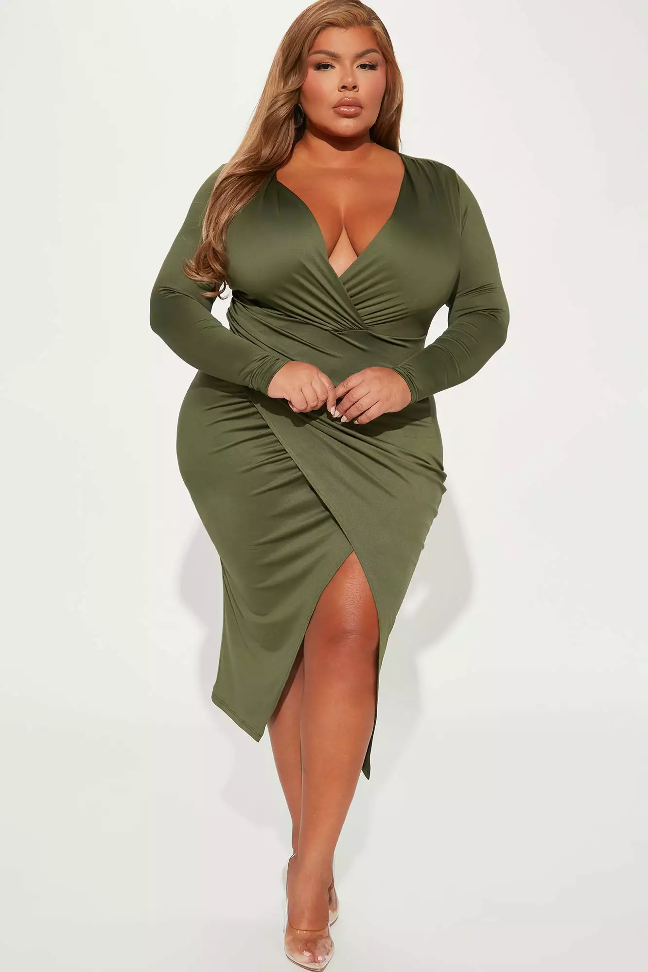 Fashion Nova Eyes On Me Ruched Midi Dress - Olive 6 Fashion Nova Eyes On Me Ruched Midi Dress - Olive - Image 4