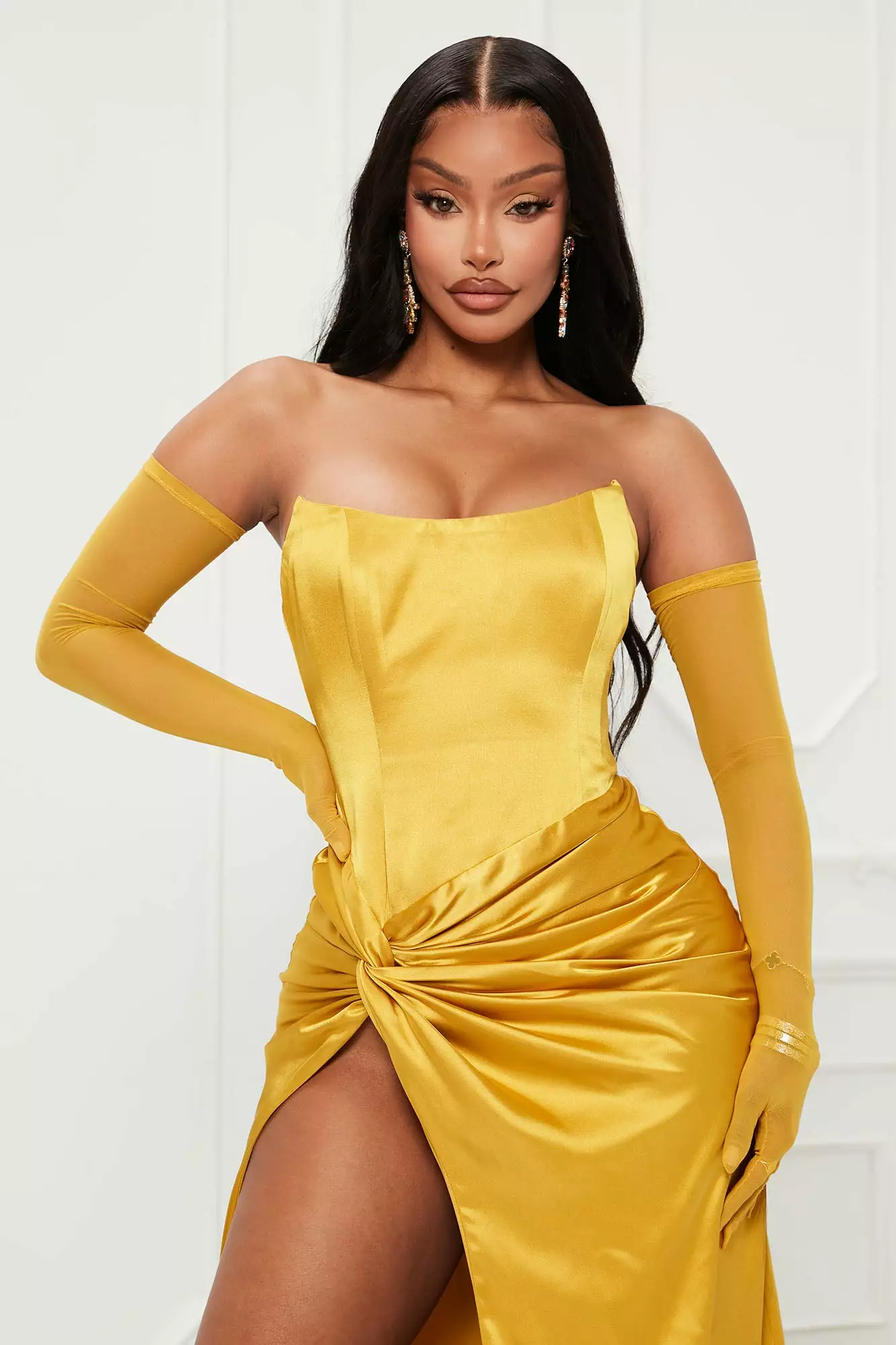 Fashion Nova Teagan Satin Maxi Dress Set - Mustard 4 Fashion Nova Teagan Satin Maxi Dress Set - Mustard - Image 2