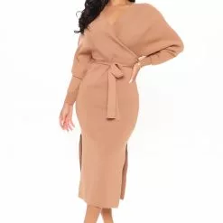 Fashion Nova Wrapped All Around Me Midi Sweater Dress - Taupe