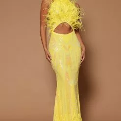 Fashion Nova Carolina Feather Embellished Maxi Dress - Yellow