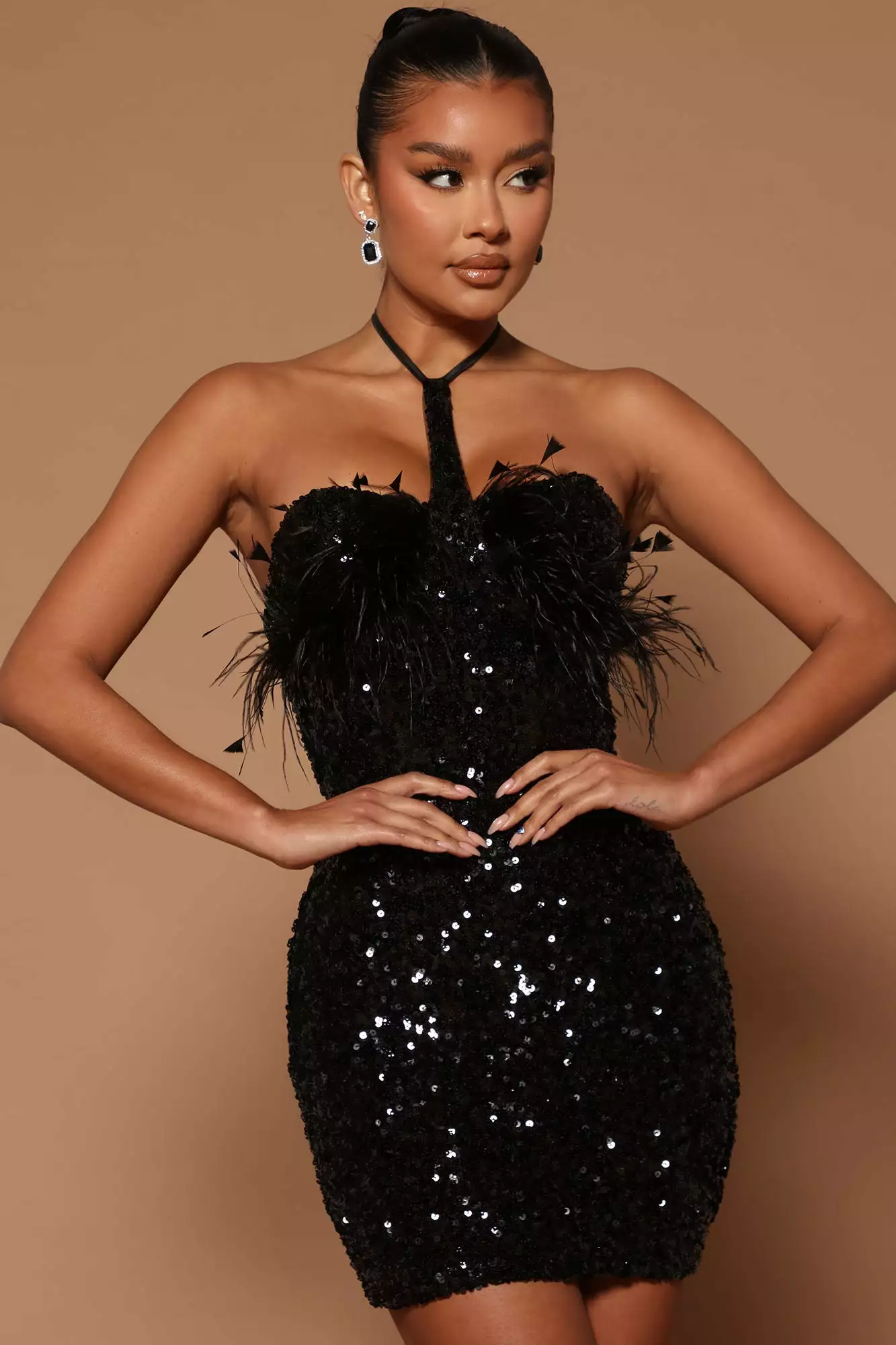 Fashion Nova Rylie Sequin Feather Halter Mini Dress - Black 3 Fashion Nova Rylie Sequin Feather Halter Mini Dress - Black
