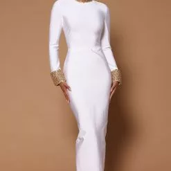 Fashion Nova Cleo Embellished Maxi Dress - White/Gold