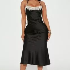 Fashion Nova Meadow Satin Midi Dress - Black