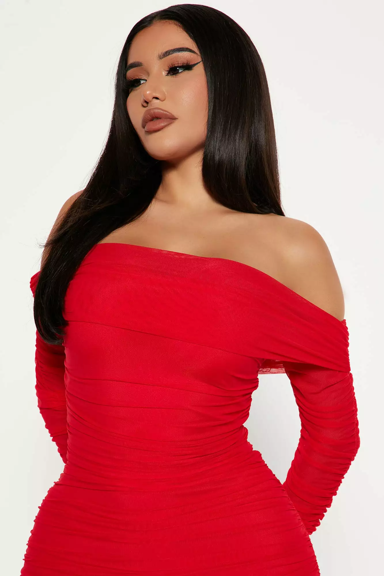 Fashion Nova Ready In A Ruched Off Shoulder Midi Dress - Red 5 Fashion Nova Ready In A Ruched Off Shoulder Midi Dress - Red - Image 3