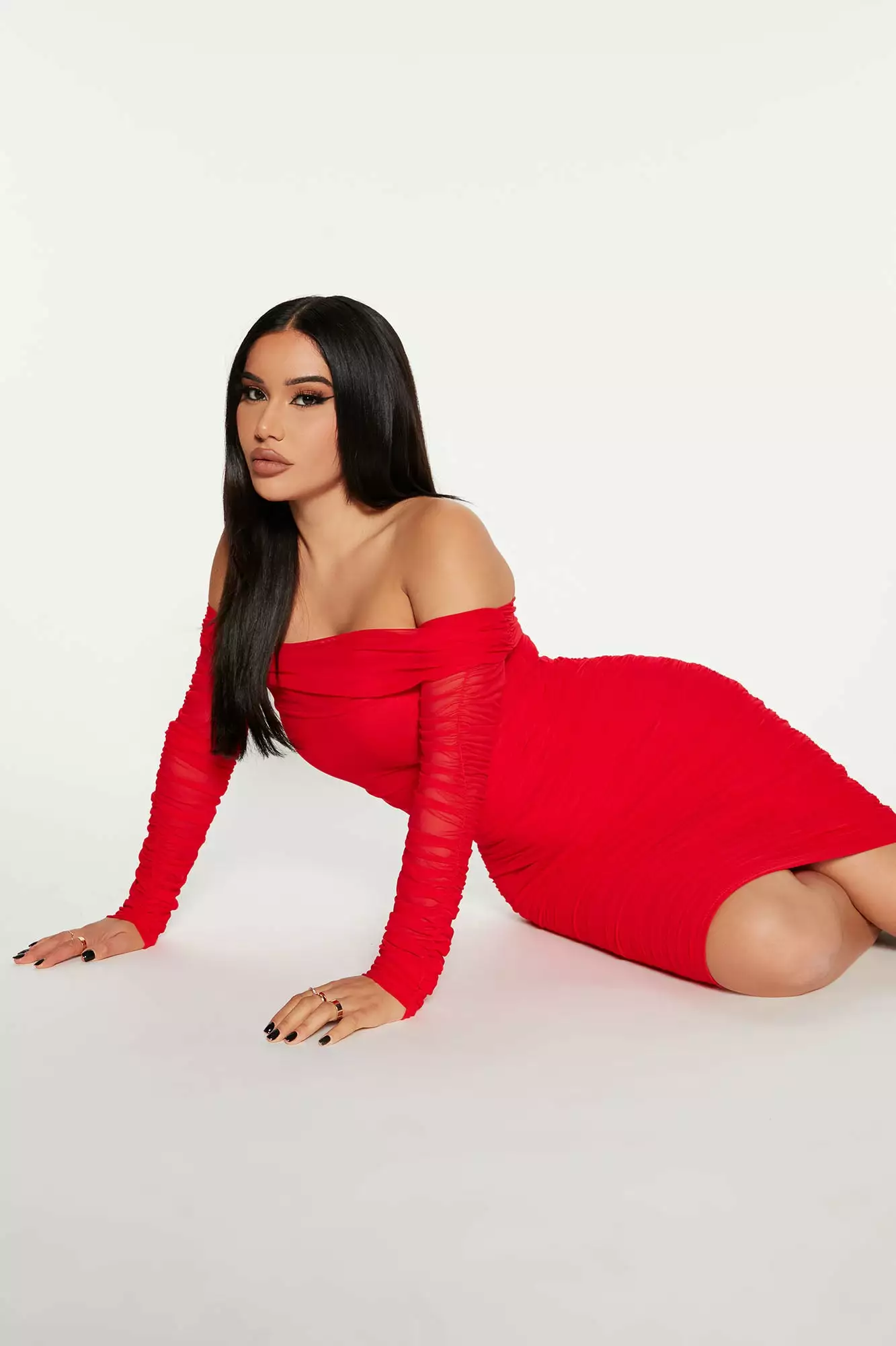 Fashion Nova Ready In A Ruched Off Shoulder Midi Dress - Red 4 Fashion Nova Ready In A Ruched Off Shoulder Midi Dress - Red - Image 2