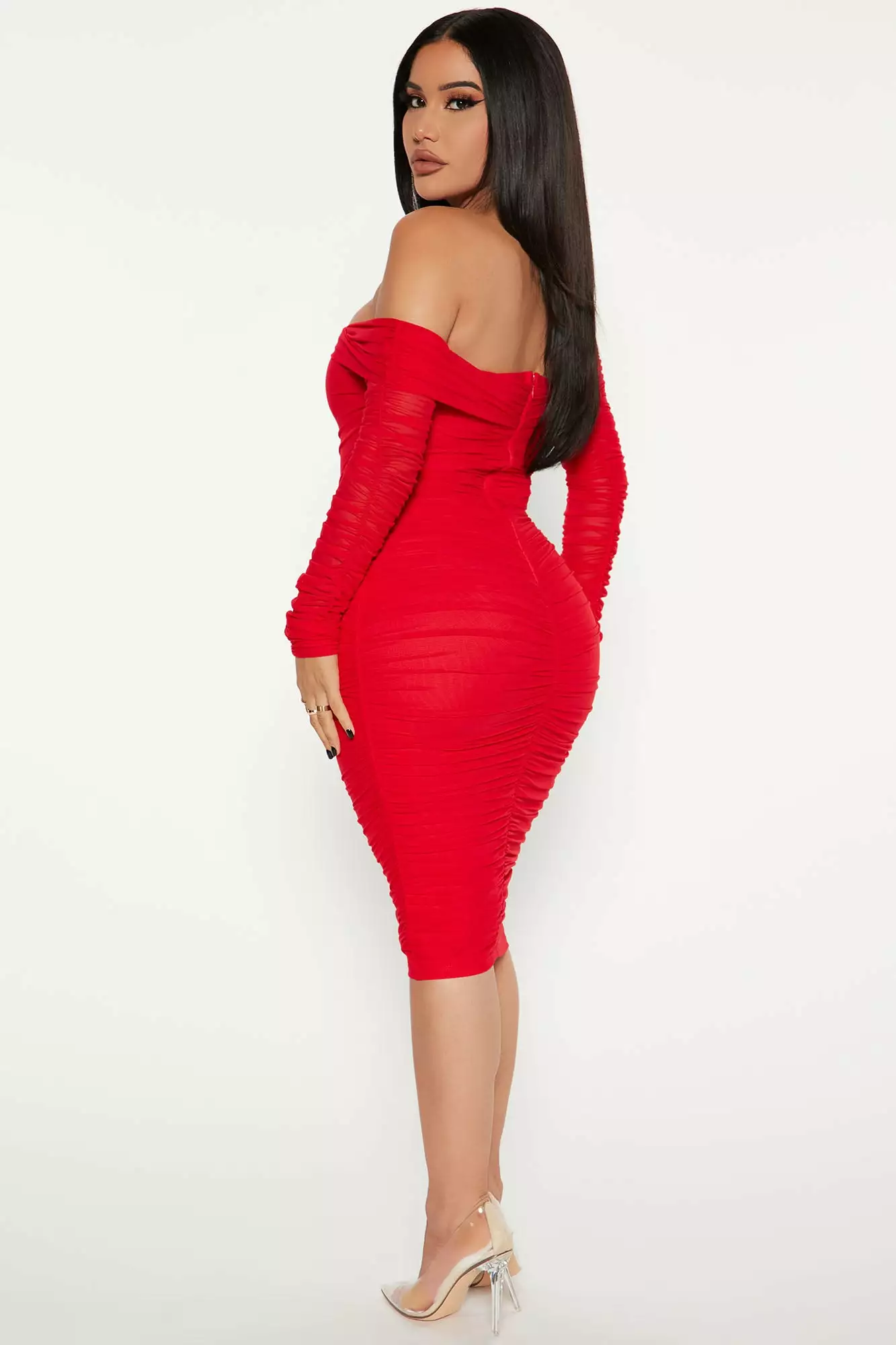 Fashion Nova Ready In A Ruched Off Shoulder Midi Dress - Red 6 Fashion Nova Ready In A Ruched Off Shoulder Midi Dress - Red - Image 4