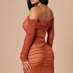 Fashion Nova Ready In A Ruched Off Shoulder Midi Dress - Rust/Nude -Fashion Nova Dresses Shop 10 14 22Studio7 ME RL 14 11 35 36 72844 Rustcombo 1422 ES