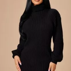 Fashion Nova Too Cozy Turtle Neck Sweater Dress - Black
