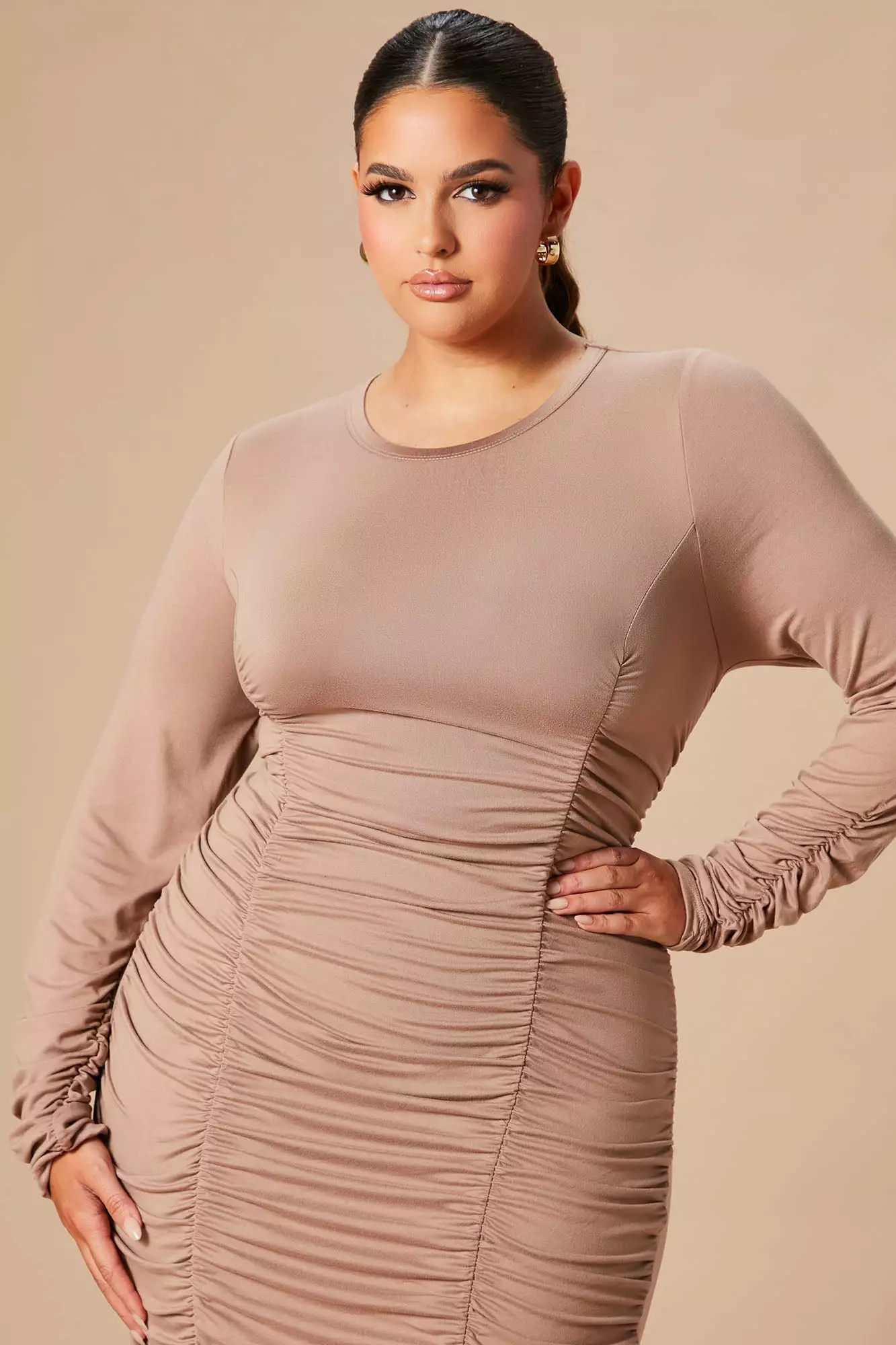 Fashion Nova Take Your Man Ruched Dress - Taupe 9 Fashion Nova Take Your Man Ruched Dress - Taupe - Image 7