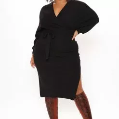 Fashion Nova Wrapped All Around Me Midi Sweater Dress - Black -Fashion Nova Dresses Shop 10 20 20Studio3 DM SA 12 27 33 46 FL20H611 Black 0520 PLUS WG
