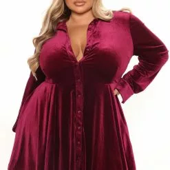 Fashion Nova Phoebe Velvet Shirt Dress - Wine -Fashion Nova Dresses Shop 10 25 21Studio1 SN RL 14 12 43 39 D678VFN Wine 5389 PLUS EH